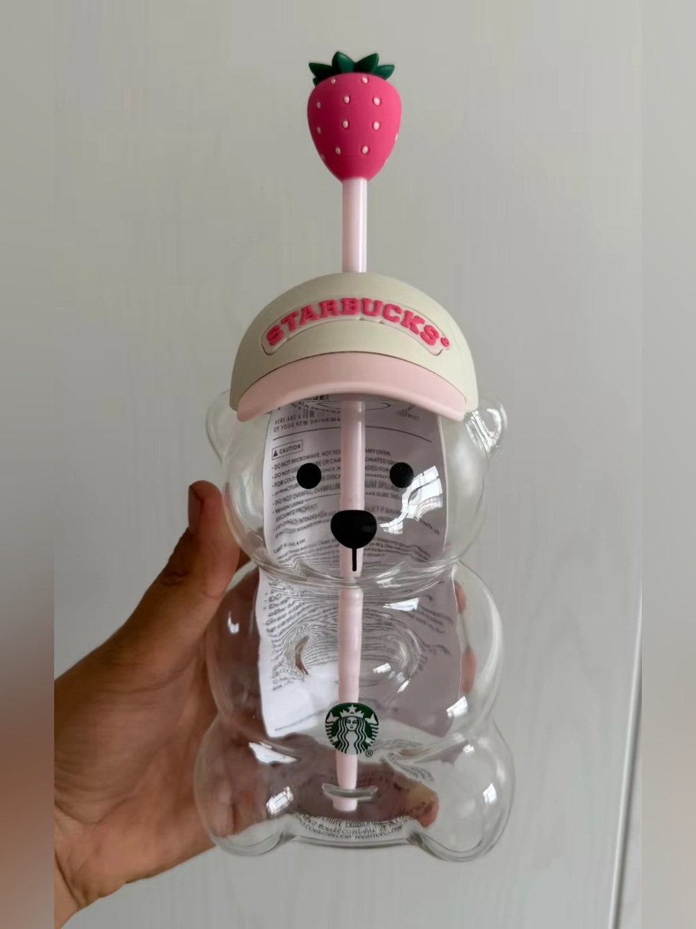 Starbucks Clear Bear Bottle with Pink Accents and Strawberry Topper